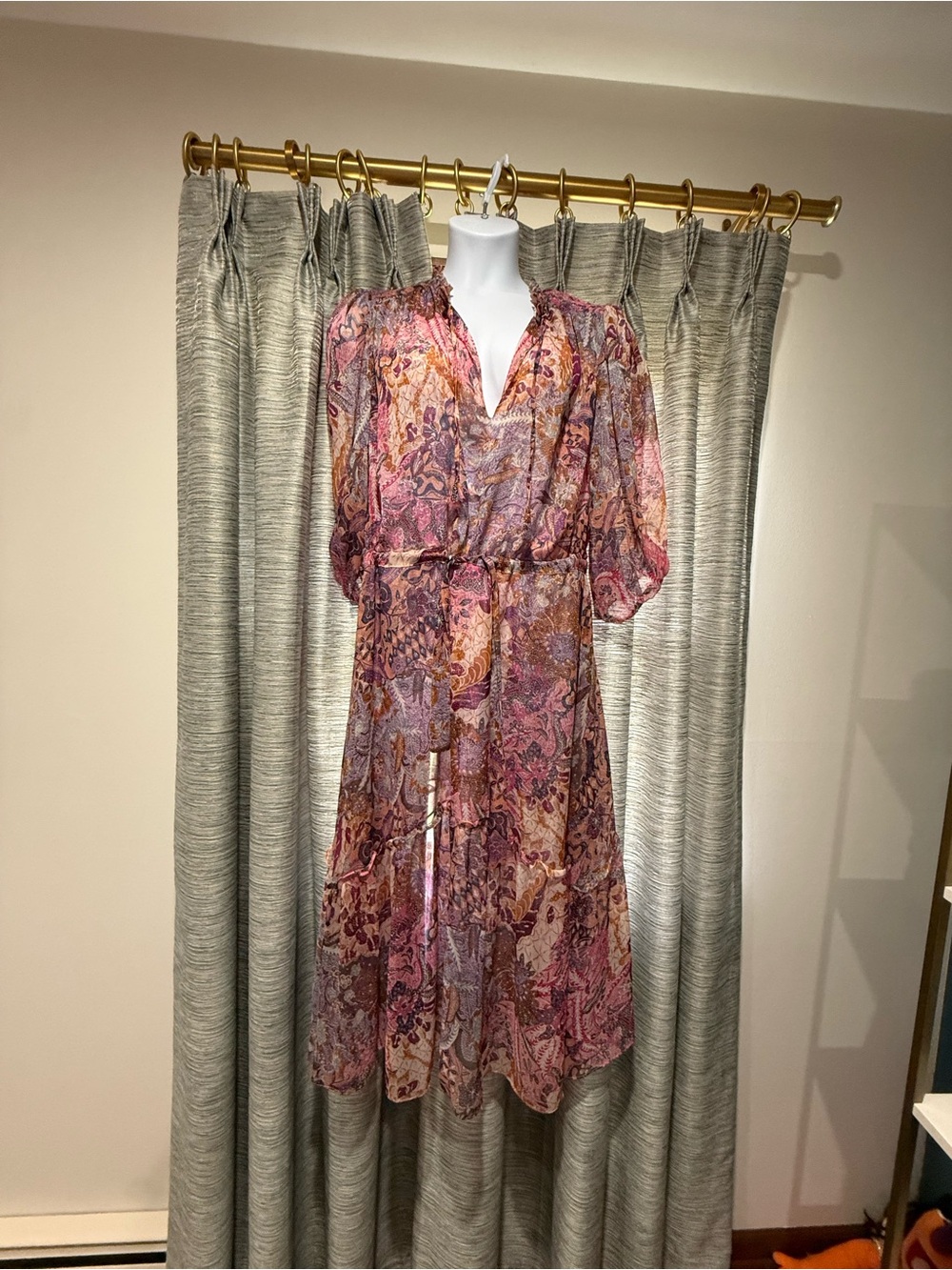 MISA Los Angeles Sheer Midi Dress in Pink and Purple Paisley - Size L